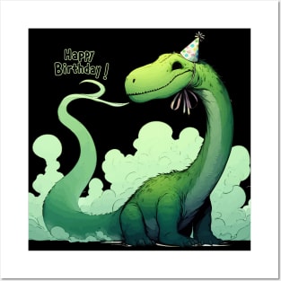 Funny Happy Birthday Green Dinosaur Brontosaurus Party Posters and Art